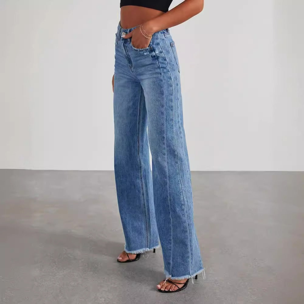 Loose wide leg side seam patchwork with ground hem jeans for women