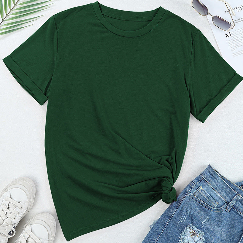 Solid-color Casual T-shirt Pullover Crew-neck Top For Women