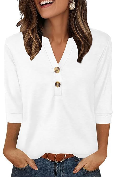 Womens Plus-Size Loose V-Neck Buttoned Three-Quarter Sleeve T-Shirt