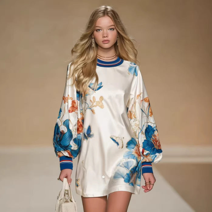 Satin Positioning Printed Lantern Sleeve Dress
