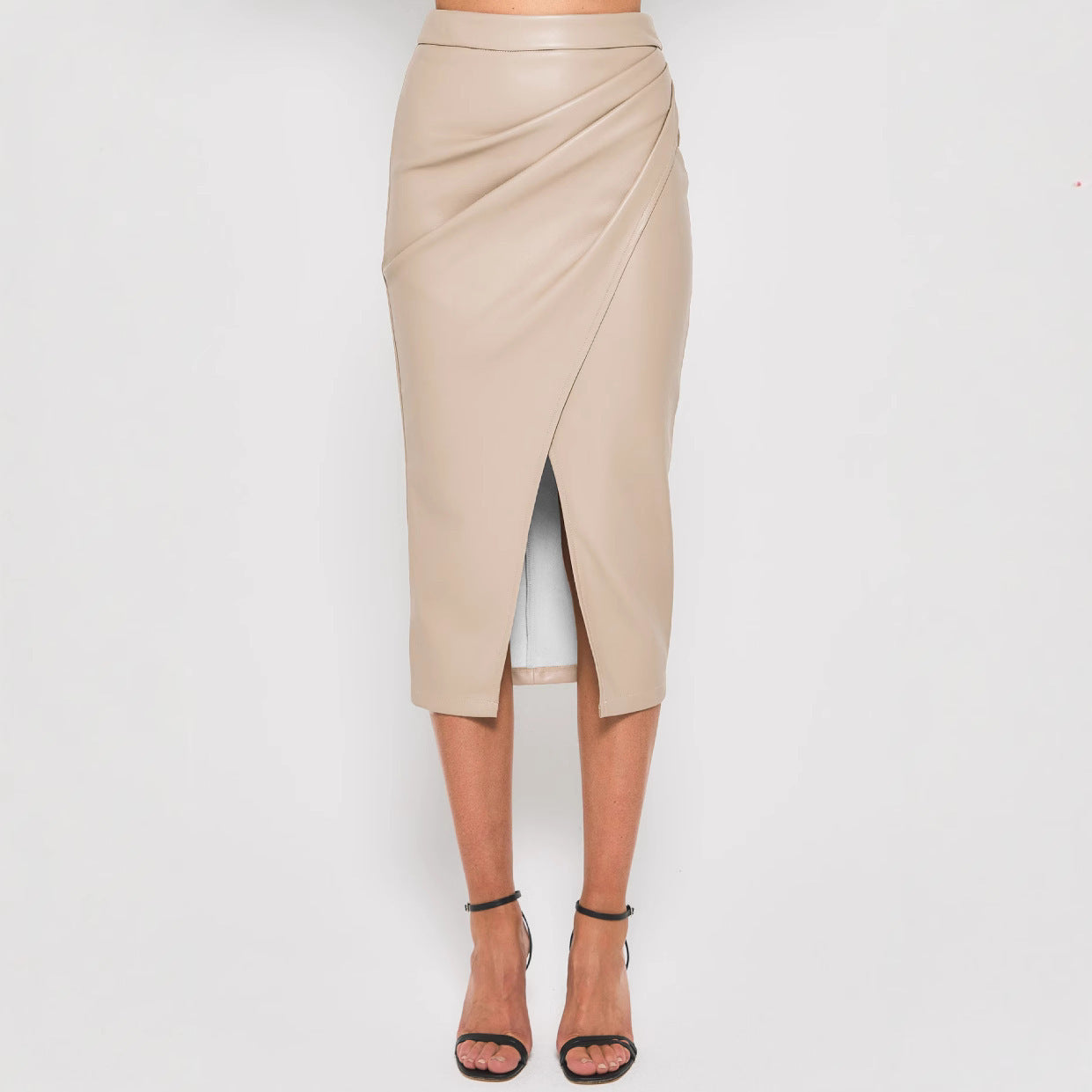 Women's High Waist Zipper Heap Pleated Leather Skirt