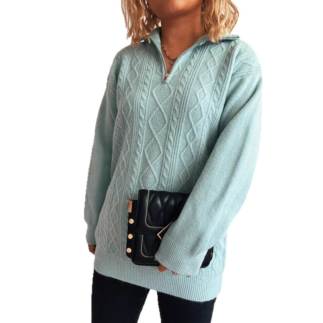 Solid Color Casual Zipper Knitted Sweater For Women