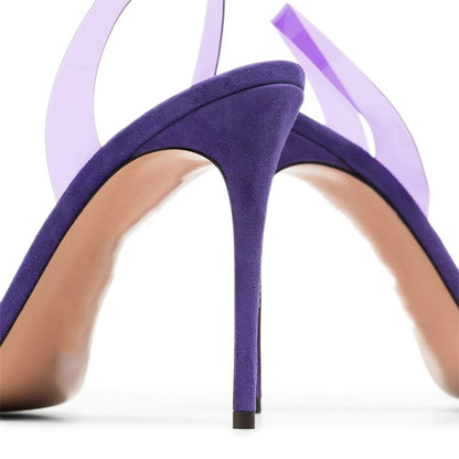 Green and purple PVC slim high heels with a single toe, round toe, open toe, and fashionable high heels