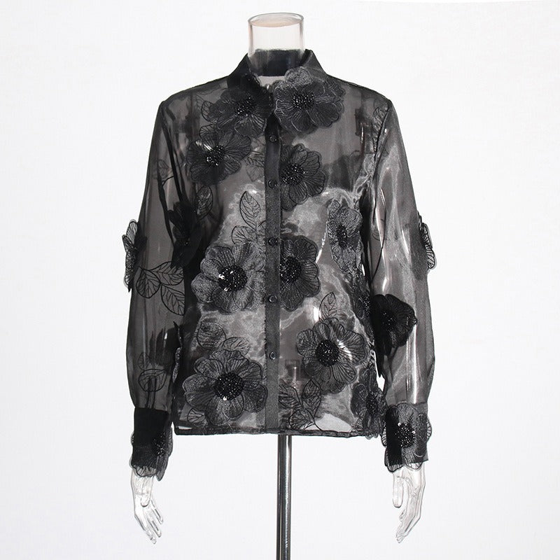 French elegant style organza lapel shirt three-dimensional flower sequined shirt top for women