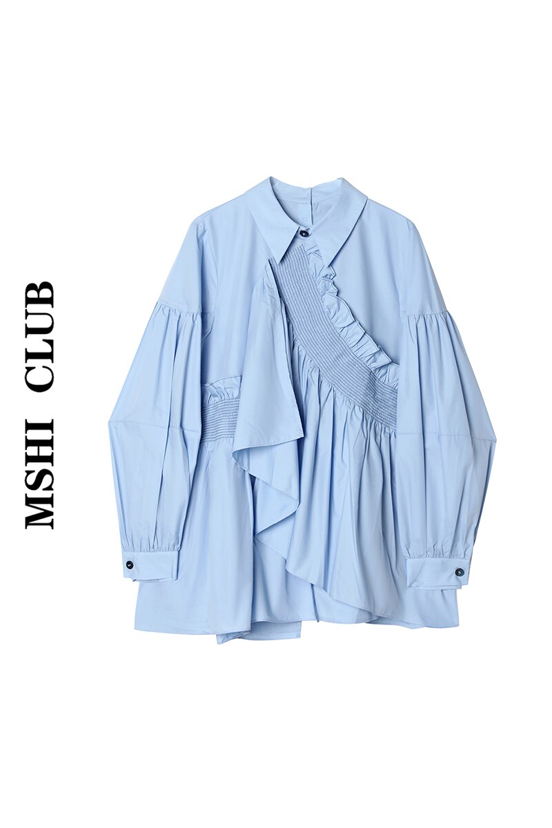 Slim Irregular Fold Blue Shirts Women's Spring Full Loose Turn-down Collar Casual Blouse