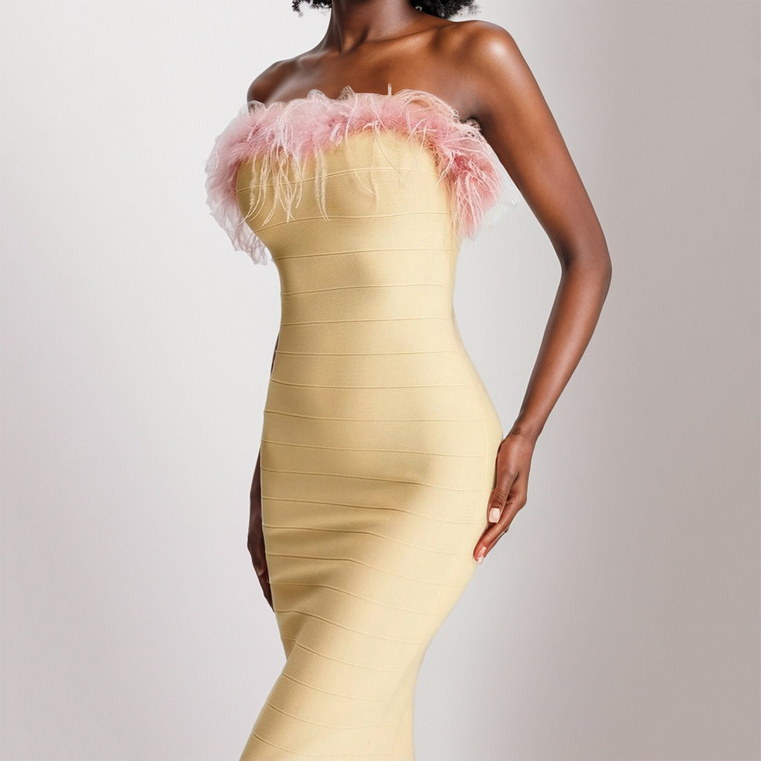 Slim French dress, women's feather strapless skirt