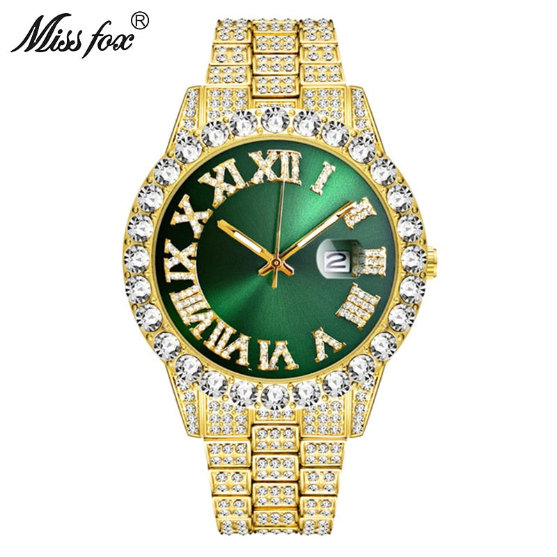 MISSFOX  2643Re Men's Watches Modern Diamond Waterproof Red Watch Men Top Brand Luxury 18k Gold Man Watch Analog Quartz Watch Men