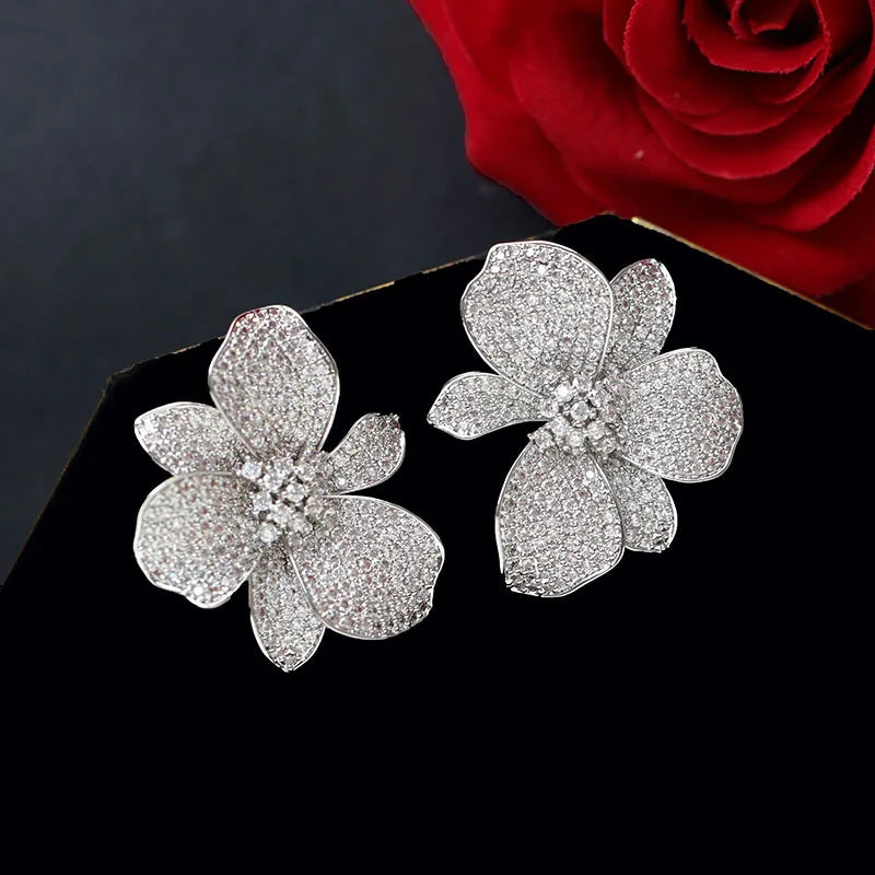 New Design Fashion Golden Color Cubic Zirconia Big Flower Stud eEarring For Women Wedding Bride Jewelry