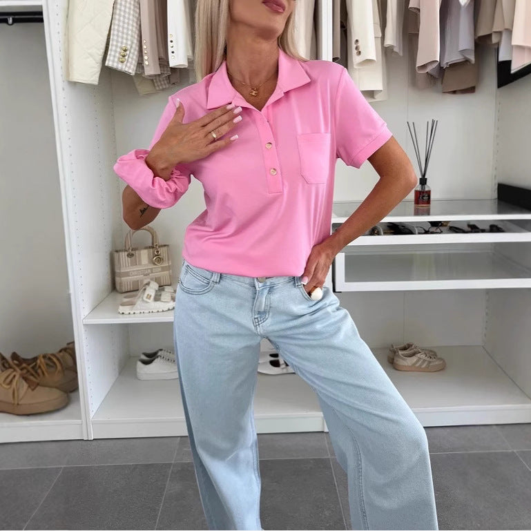 Women's Polo Collar Solid Color Pocket Short Sleeve T-shirt