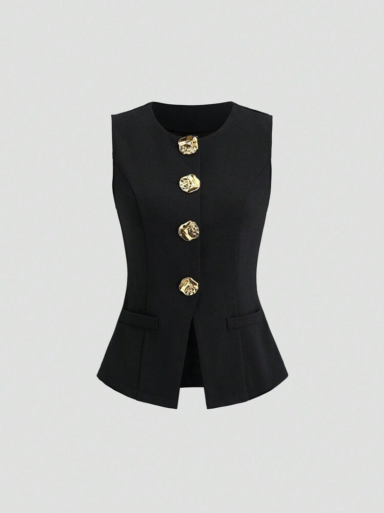 Sleeveless Round Neck Vest Fashion Women's Wear Elegant Waist-tight Solid Color