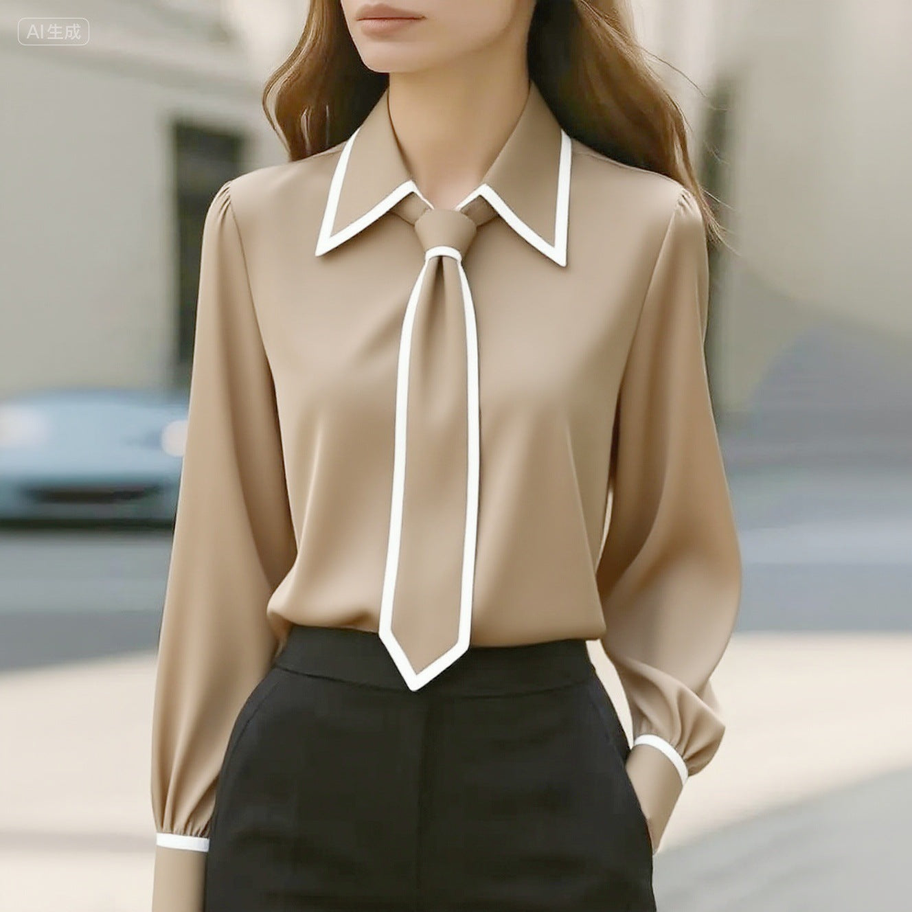 Autumn Fashion Solid Color Commute Tie Long Sleeve Shirt Women's Clothing