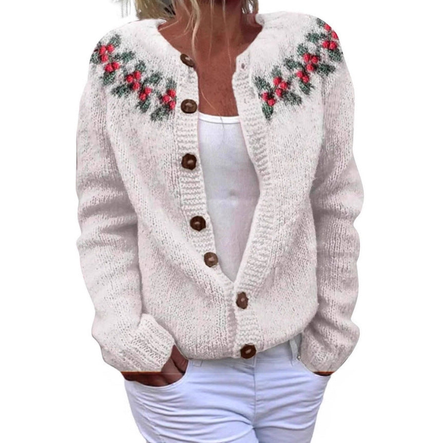 Loose White Jingling Bell Printed Sweater