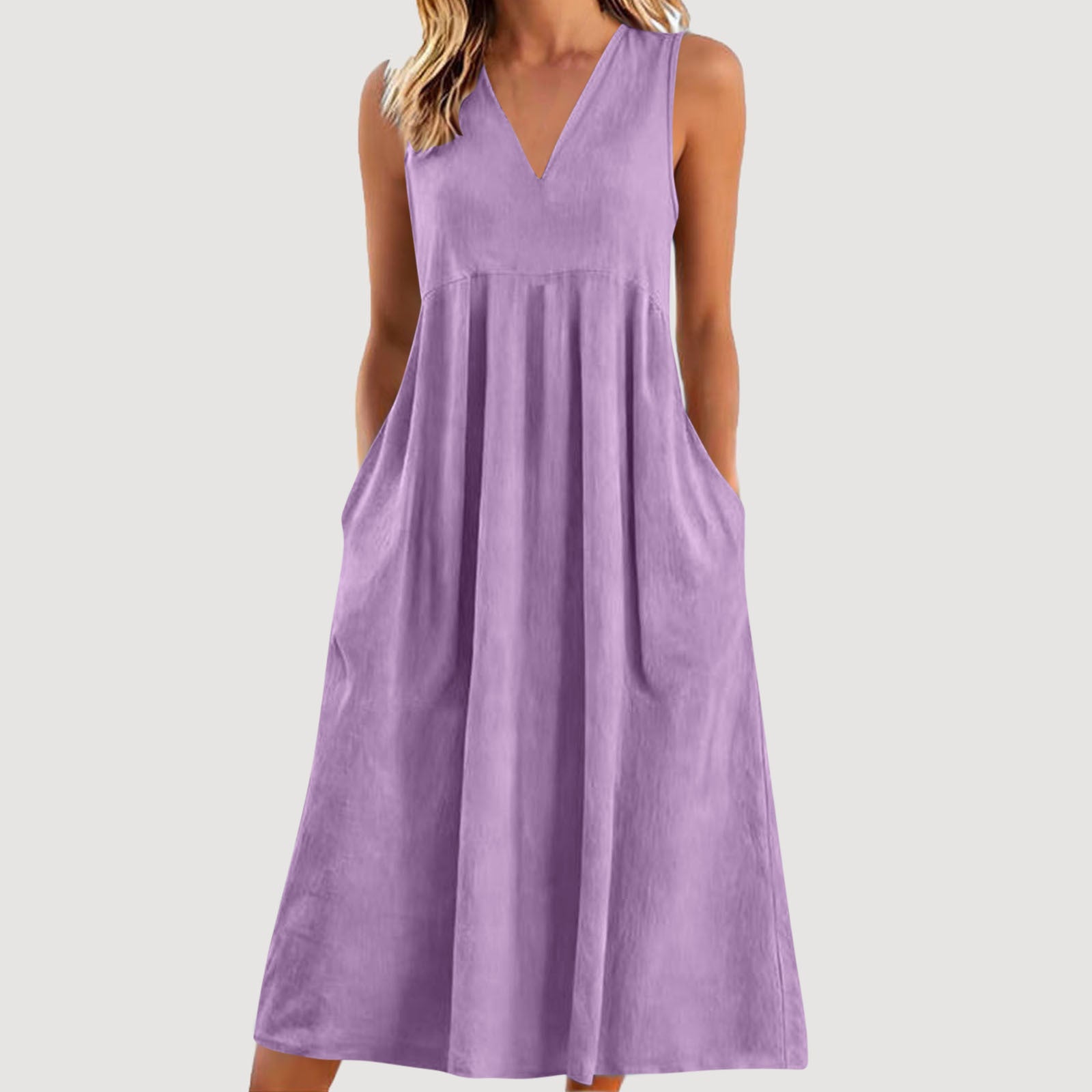 Loose-fitting Cotton-linen Dress With A V-neck And No Sleeves