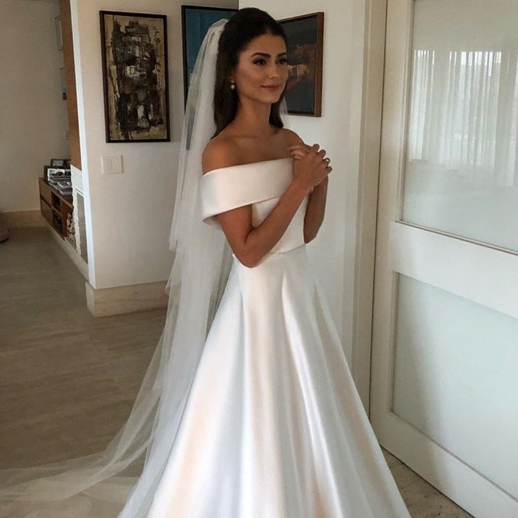 Simple A Line Wedding Dresses Satin Off The Shoulder Wedding Bridal Gowns Sweep Train Casual Dresses Zipper With Buttons Back
