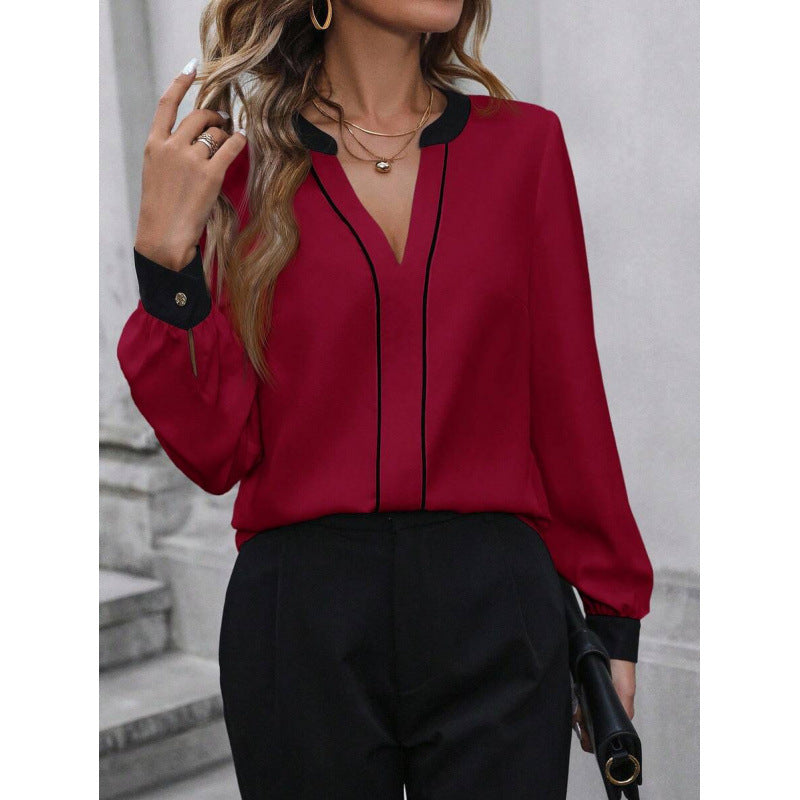 Color Matching Slit Collar Long Sleeve Elegant Workplace Suit