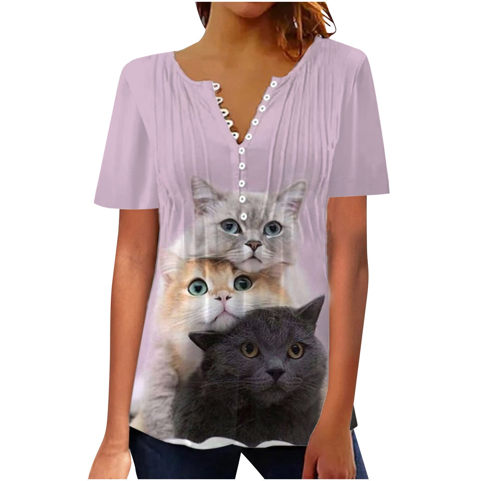 Women's Digital 3D Printed Pleated Round Neck T-shirt