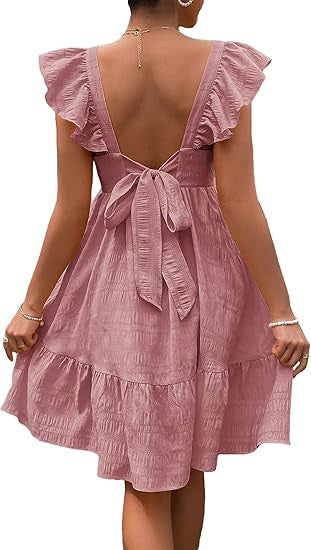 Bohemian Ruffled Backless Dress With A Square Neckline And Shirred Detailing