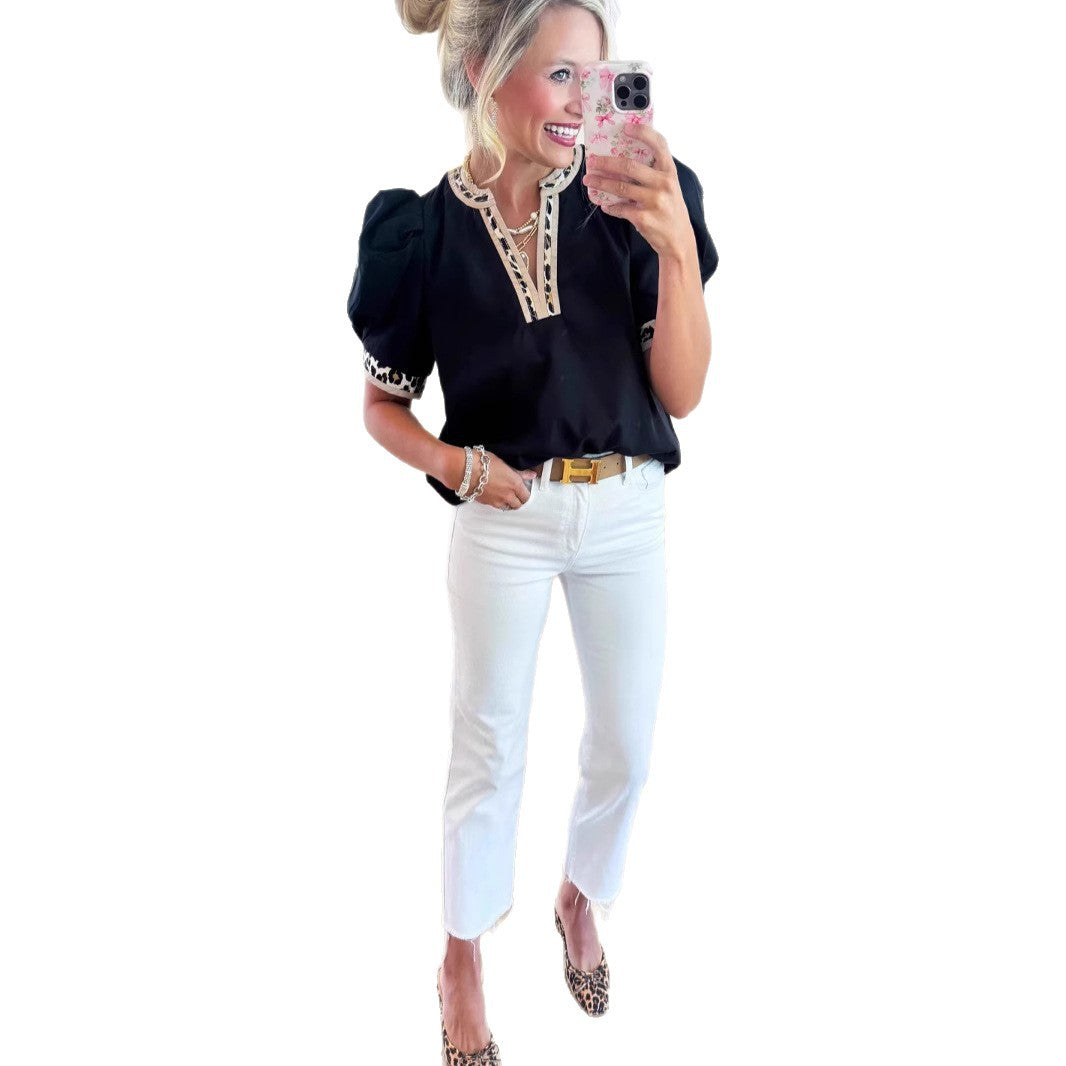Leopard-print Contrast-color V-neck Puffed-sleeve Top
