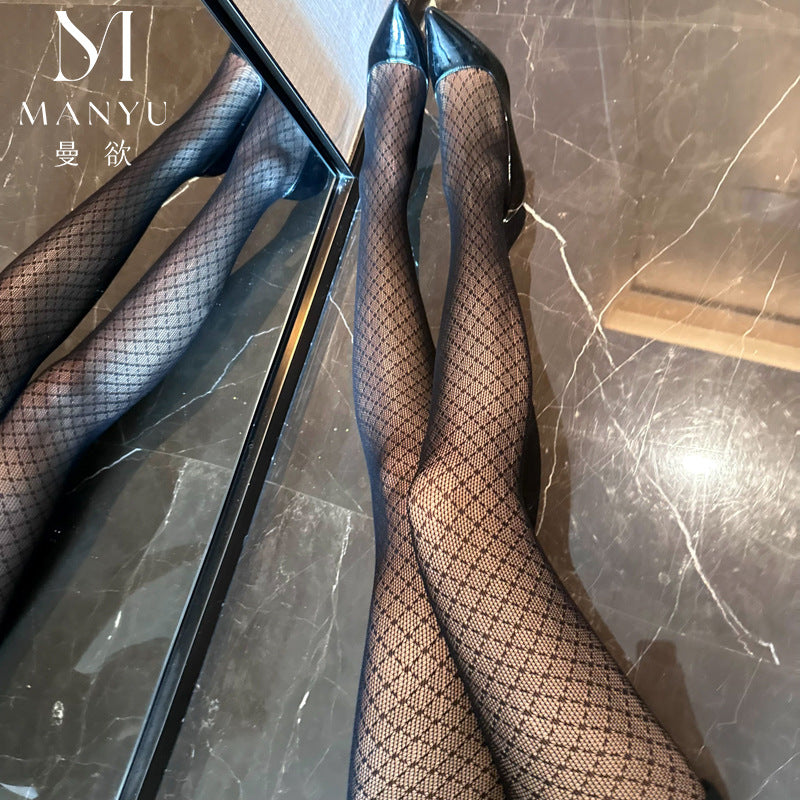 Japanese Rhombus Check Thin Black Silk Pantyhose