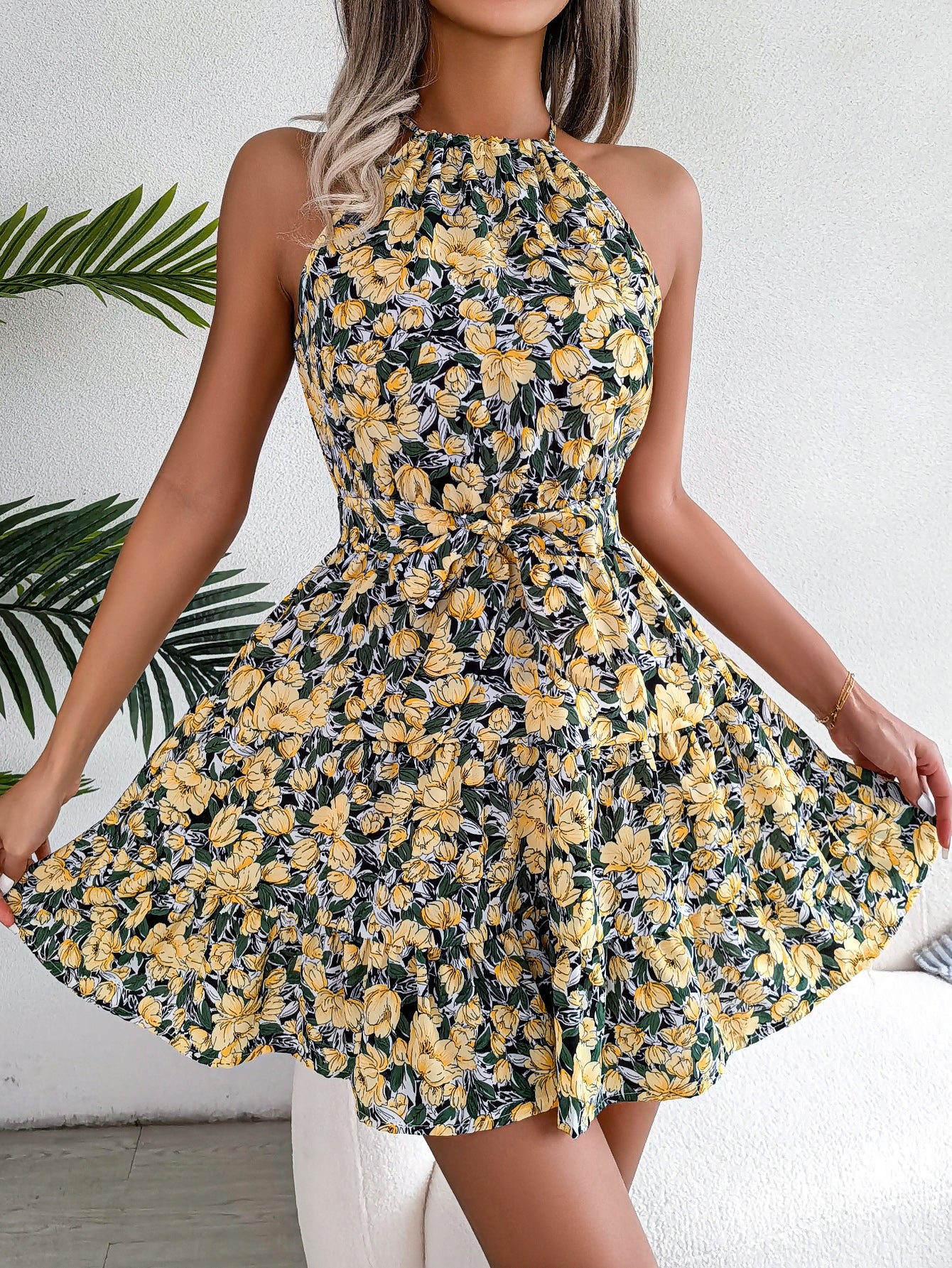 Women Casual Ruffle Hem Flowy Floral Print Vacation Dress