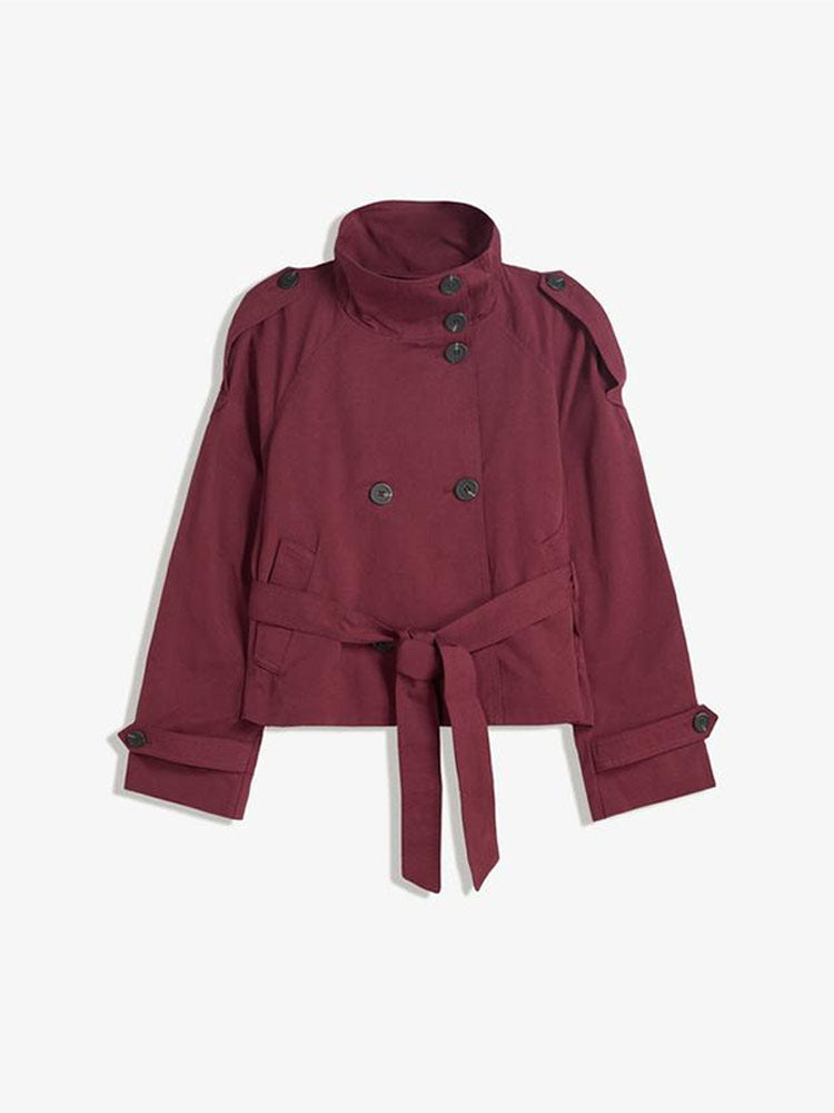 Retro Lapels Design Double Breasted Lace Up All-match Long Sleeve Short Trench Coat