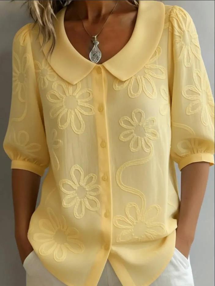 Loose-fit Retro Buttoned 3D Embroidered Floral Shirt
