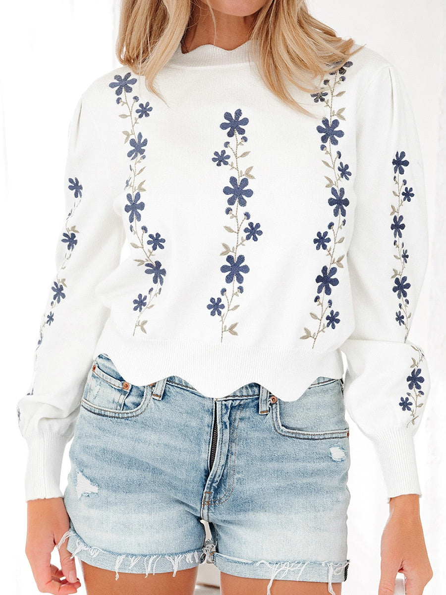 Sweet-style Printed Long-sleeved Pullover Sweater With Irregular Hem