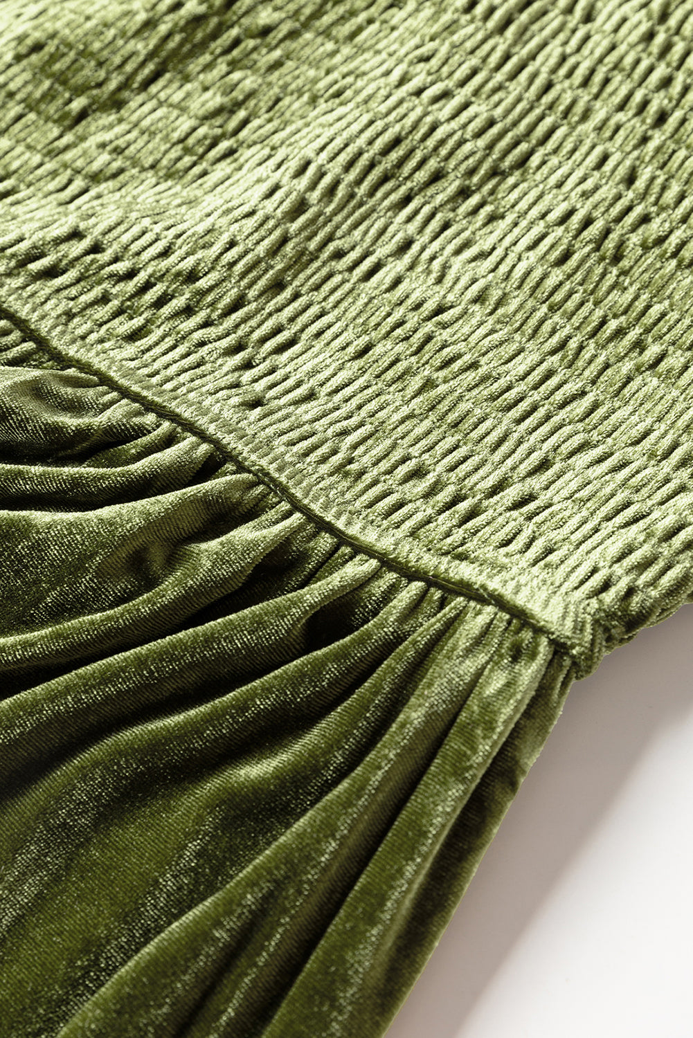 Green Smocked Lantern Sleeve Frilled Velvet Dress