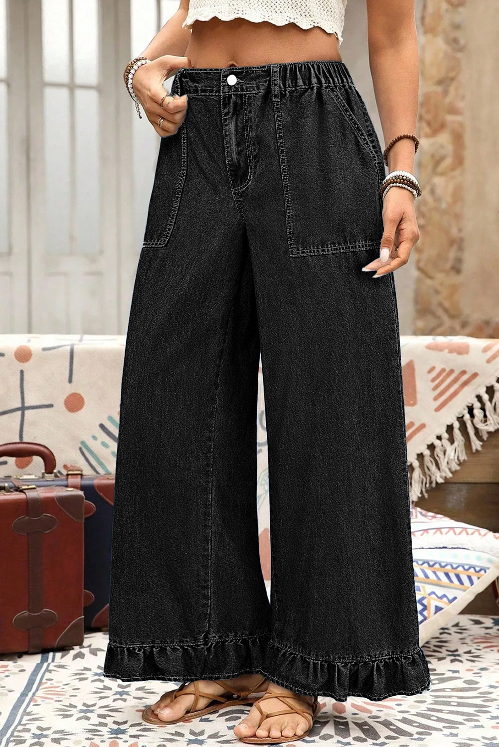 Black Plus Size Elastic Waist Ruffled Wide Leg Denim Pants
