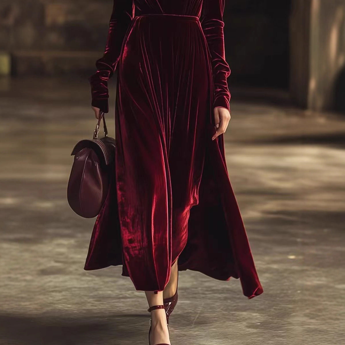 Cropped-waist Deep-V-neck Long Dress With Ruched Detailing