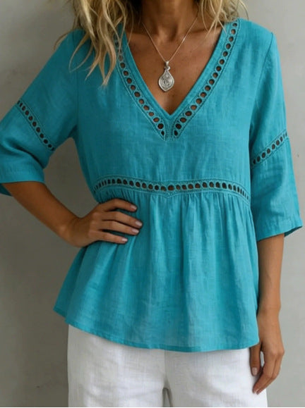 Solid-color V-neck Hollow-out Casual Fringed Top