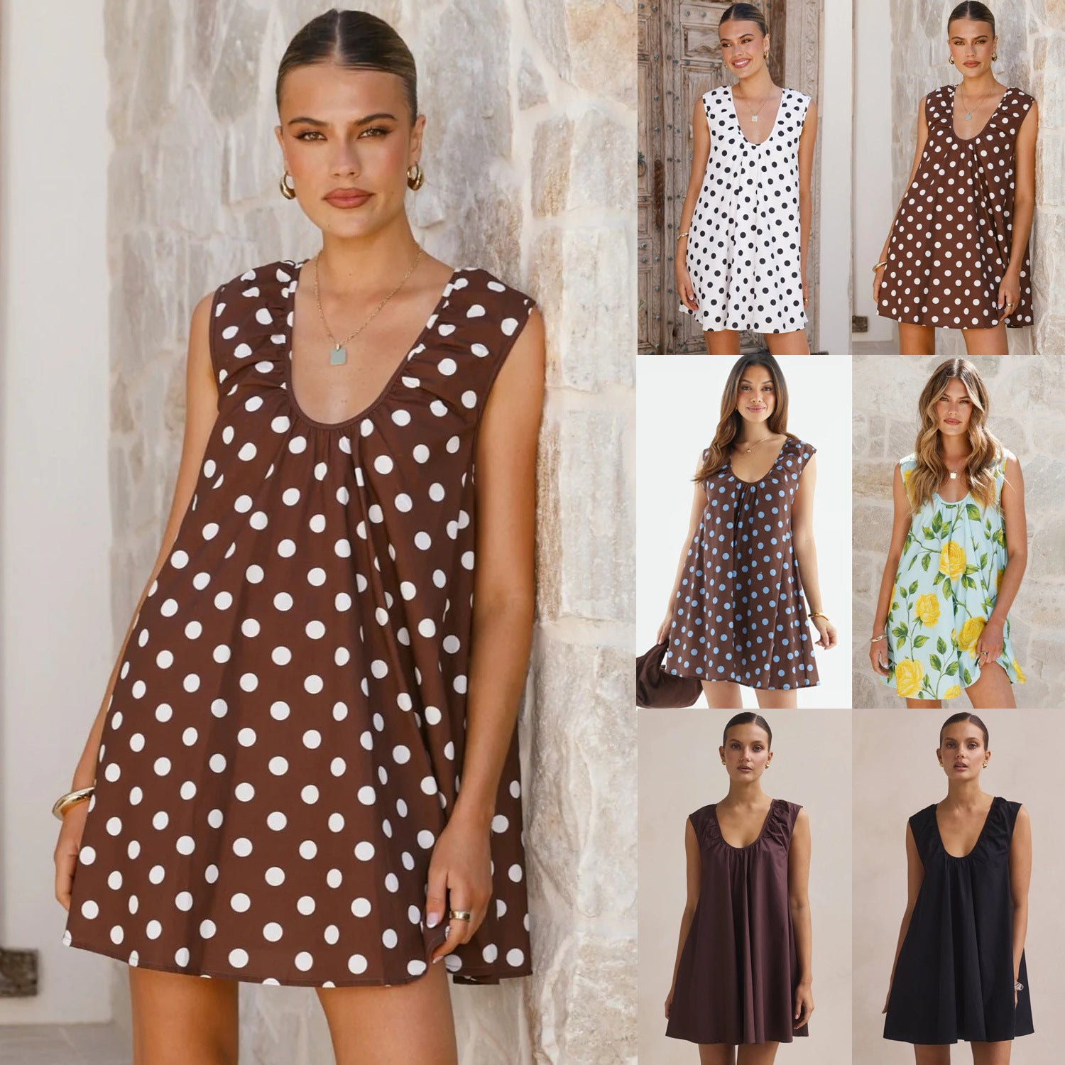 New Polka-dot Printed U-neck Loose A-line Mini Dress