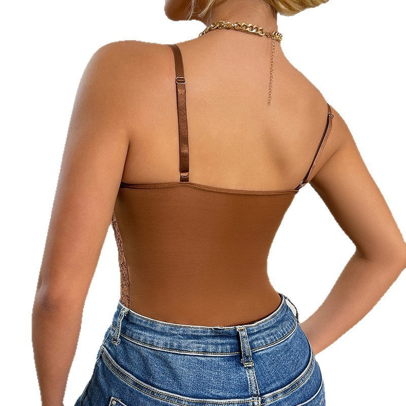 Sexy Lace Stitching Inner Suspender Hollow-out Jumpsuit