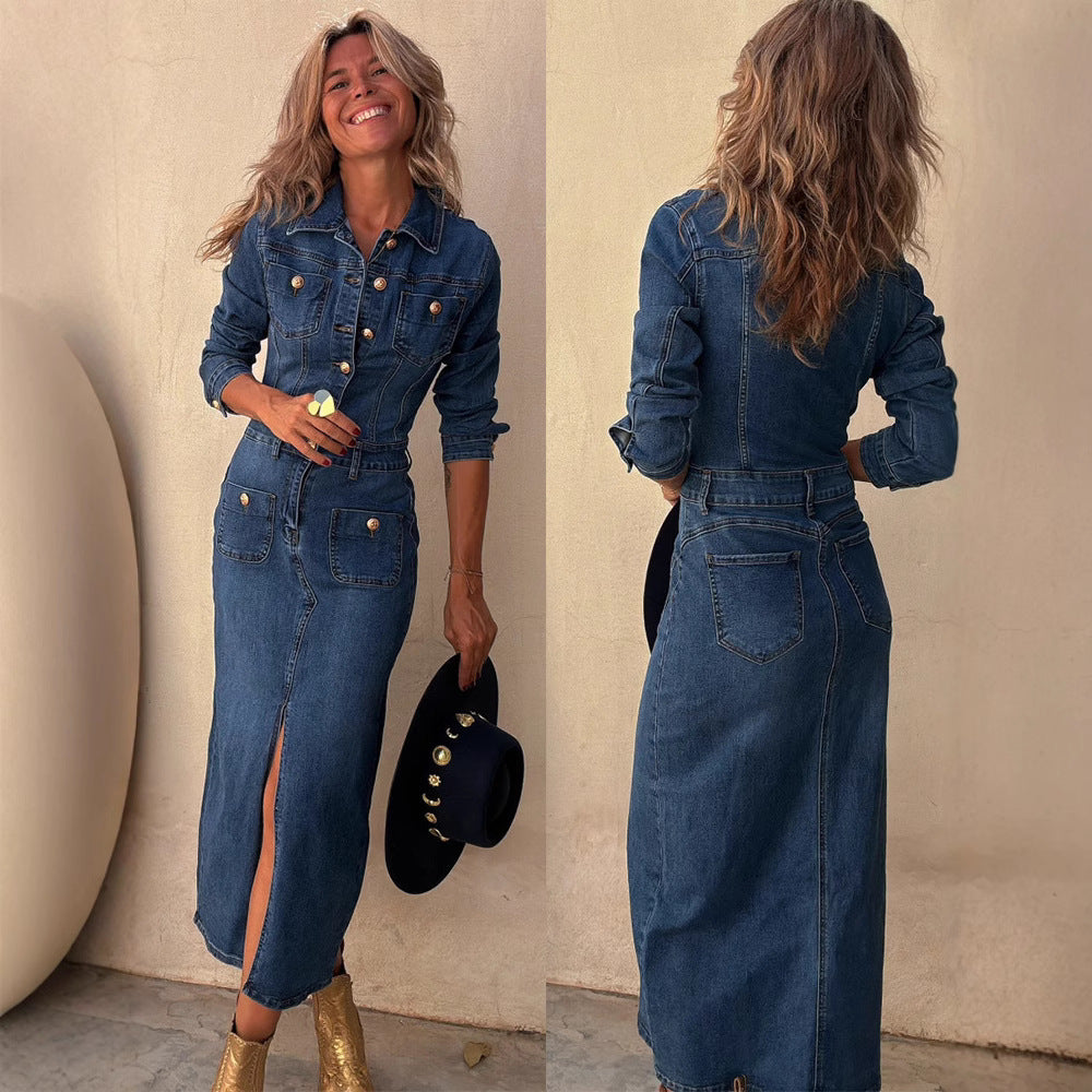 Fashionable Casual Multi-button Long-sleeve Denim Midi Dress