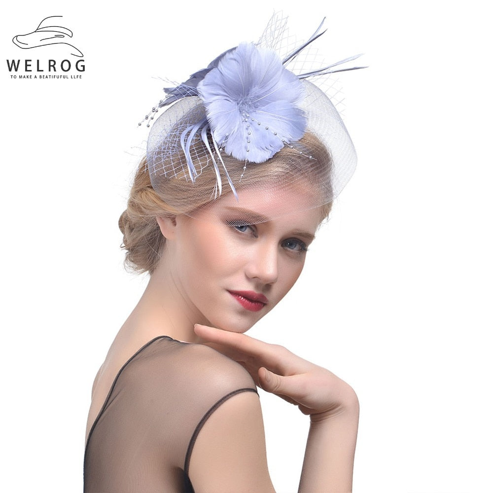 WELROG Feather Cap Lady Cocktail Dinner Party Fedoras Wedding Bridal Mesh Veil Hats Vintage Sombreros Chapeau Fascinators Hat