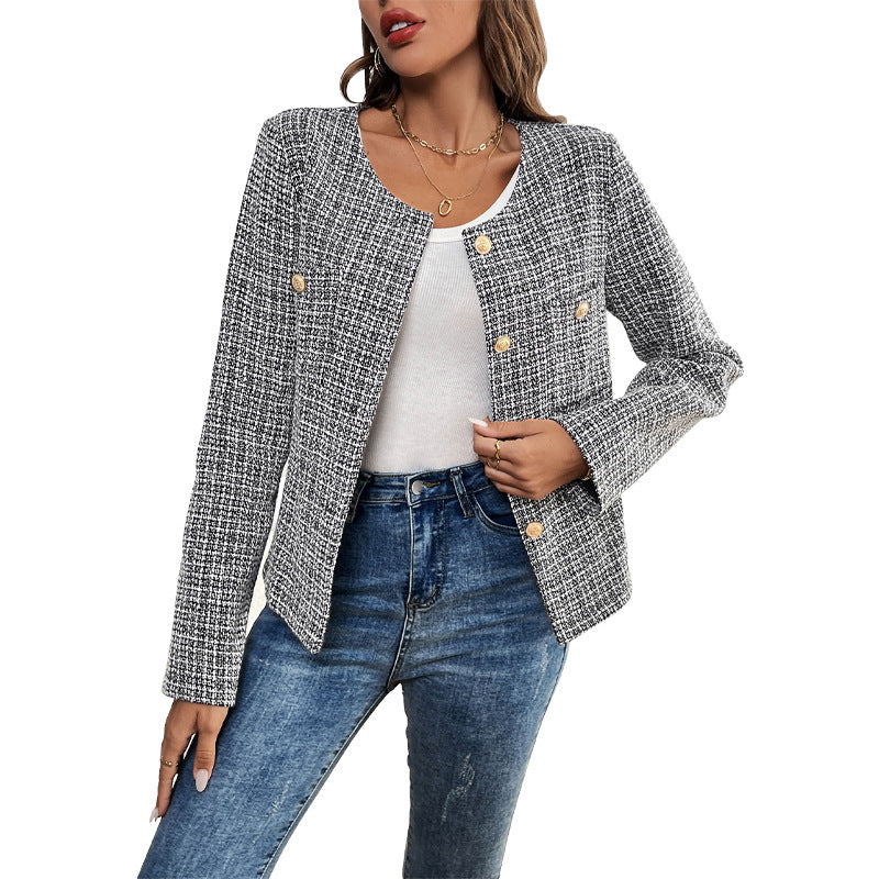 Loose Metal Button Single-breasted Plaid Coat For Women