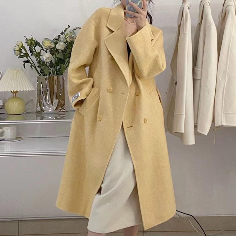 Winter Popular New Long Mulberry Silk Woolen Overcoat Women Double Breasted Lacing Belt Classic Pink Loose Wool Coat Jacket