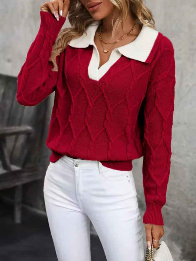 Women's Lapel Long Sleeve Contrast Color Knitted Sweater