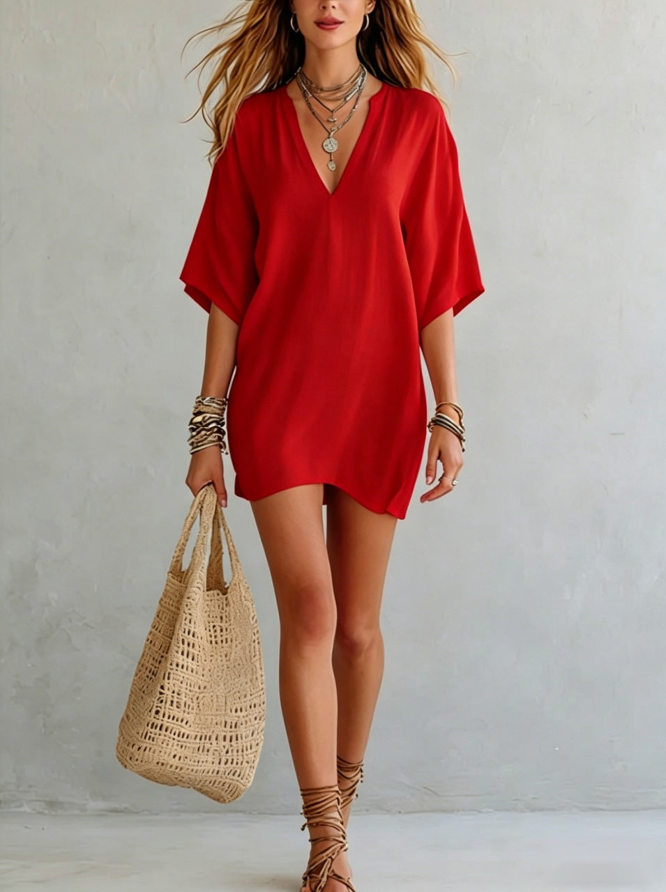 Women's Smock V-neck Loose-fit Three-quarter Sleeve T-shirt