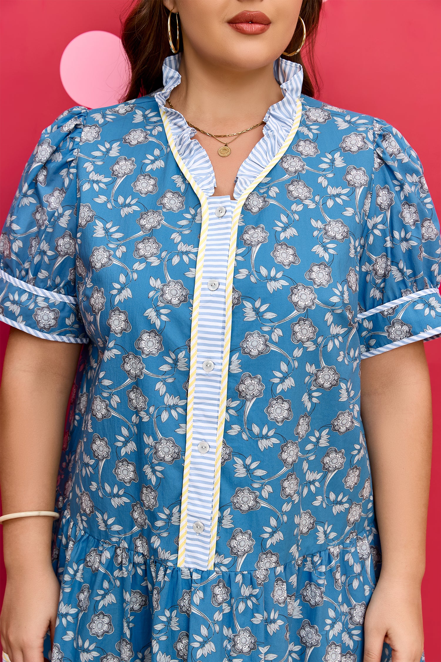 Blue Plus Size Floral Print Striped Patchwork Detail Button Front Ruffle Hem Dress