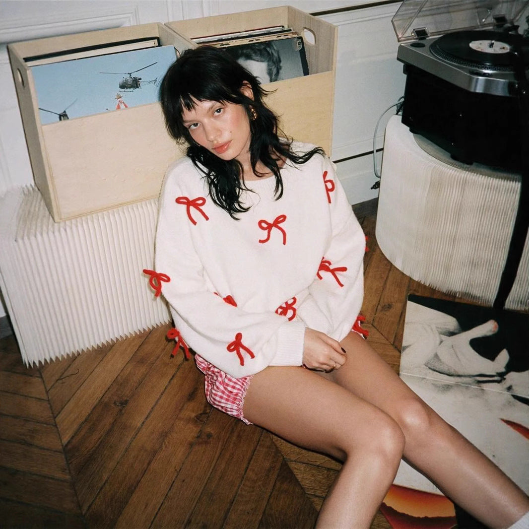 Red Bow Decoration Loose Crew Neck Pullover Sweater Women