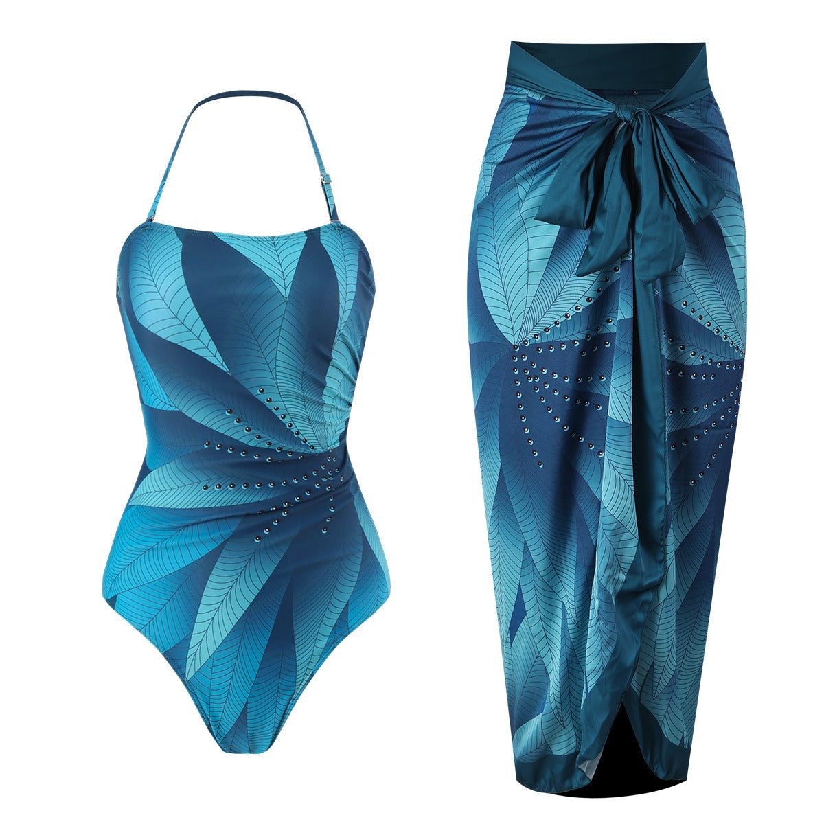 French new one-piece two-piece swimsuit leaf print hip-covering long skirt conservative halterneck swimsuit for women