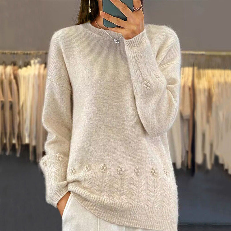 Women's Solid Color 3D Floral Embroidered Sweater, Loose Round Neck Long Sleeve Pullover For Autumn & Winter