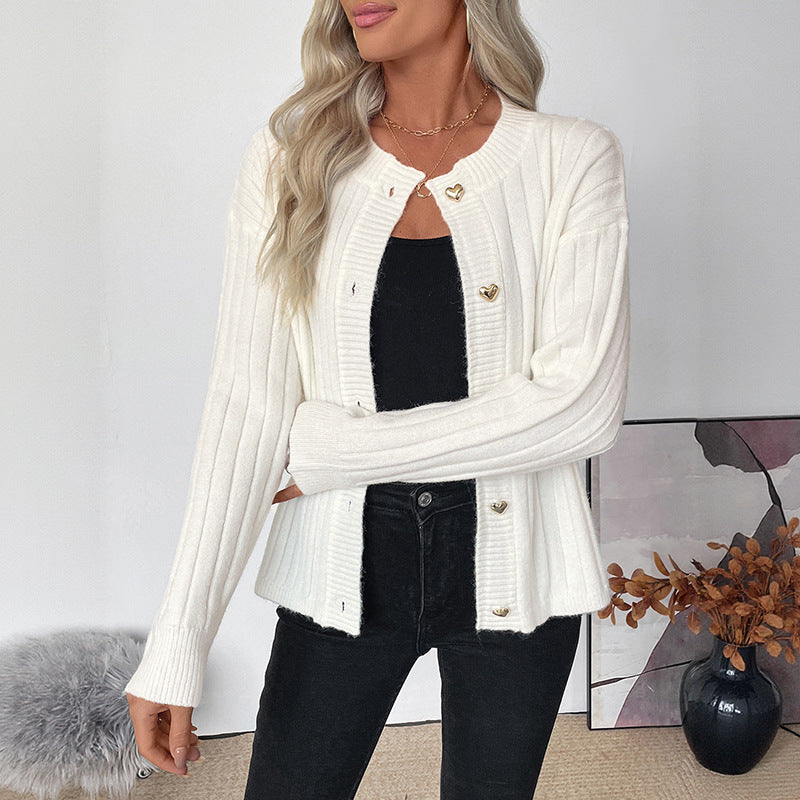 Metal Heart Button Solid Color Sweater Coat Cardigan