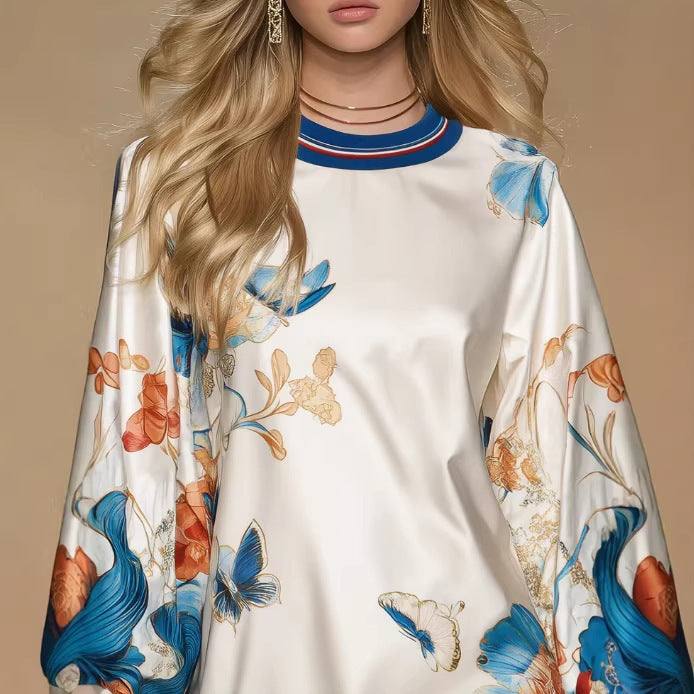 Satin Positioning Printed Lantern Sleeve Dress