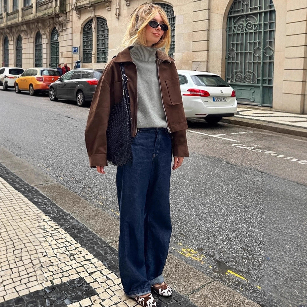 Brown Fashion Long Sleeve Suede Jacket