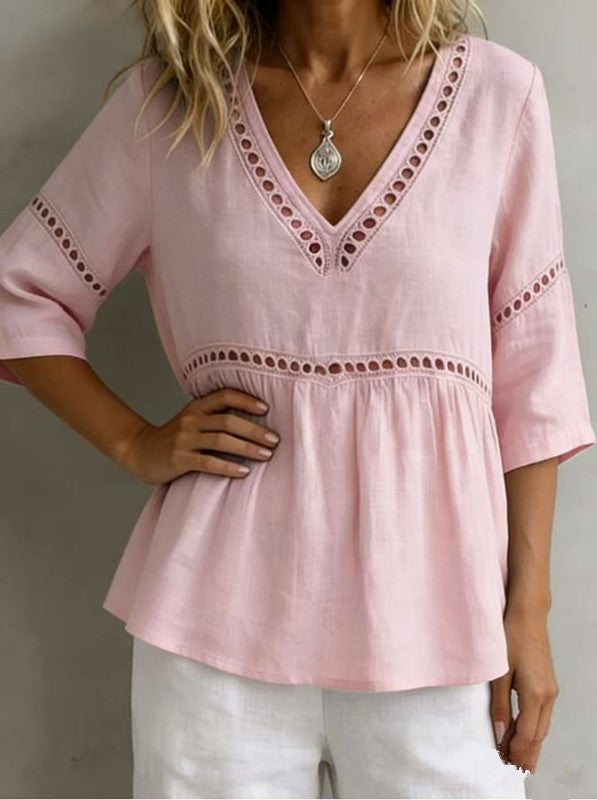 Solid-color V-neck Hollow-out Casual Fringed Top