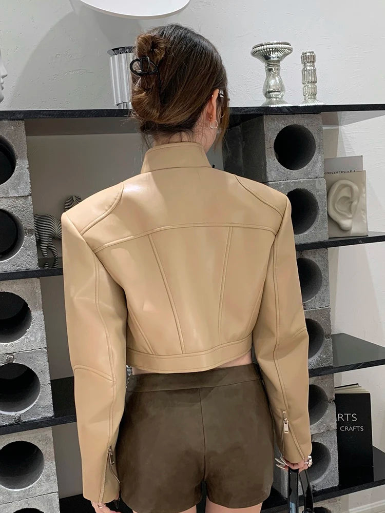 Solid Patchwork Zipper Casual Slimming Leather Coats For Women Stand Collar Long Sleeve Minimalist Coat Female