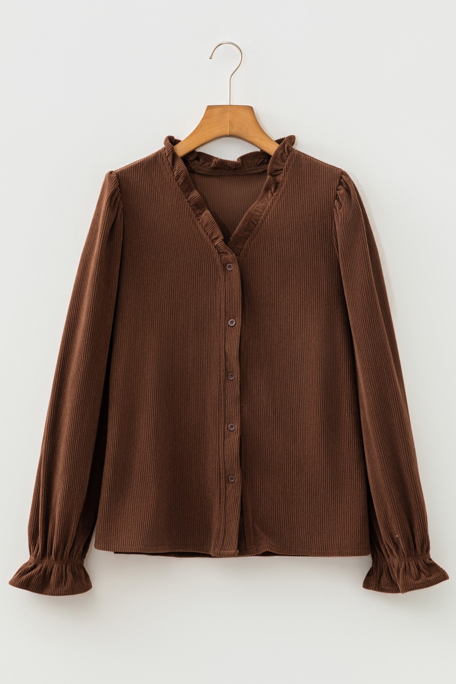 Coffee Solid Color Ruffle Trim V Neck Long Sleeve Button Corduroy Shakcet