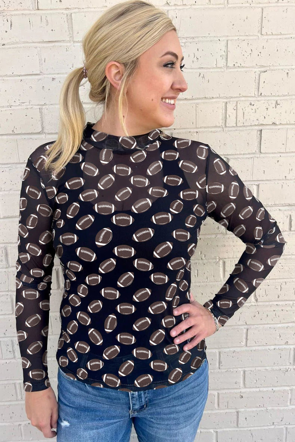 Black Baseball Game Day Sheer Mesh Long Sleeve Top